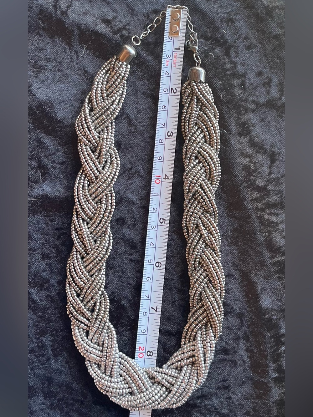 Braided Beaded Thick Statement Necklace - Silver Tone 16”